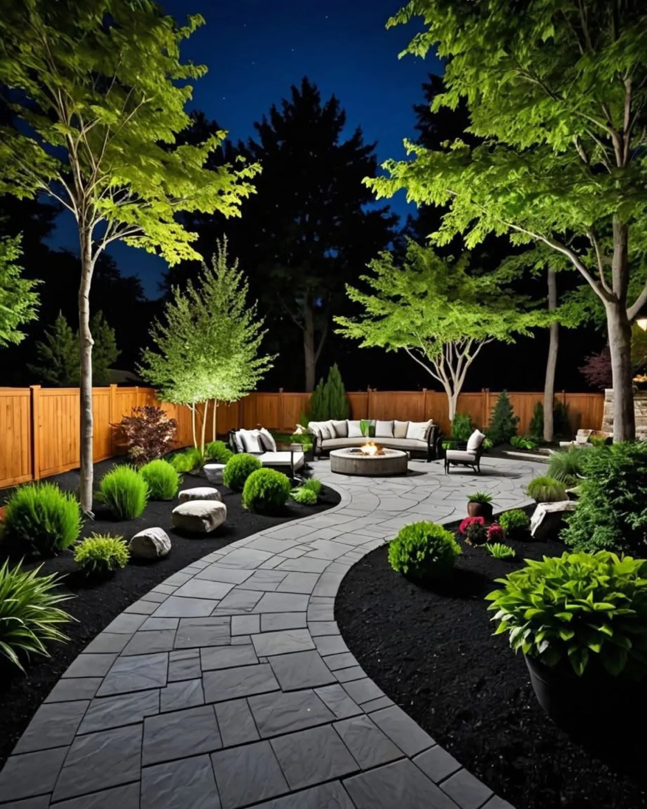 Landscape lighting at night — installed by TrekTek