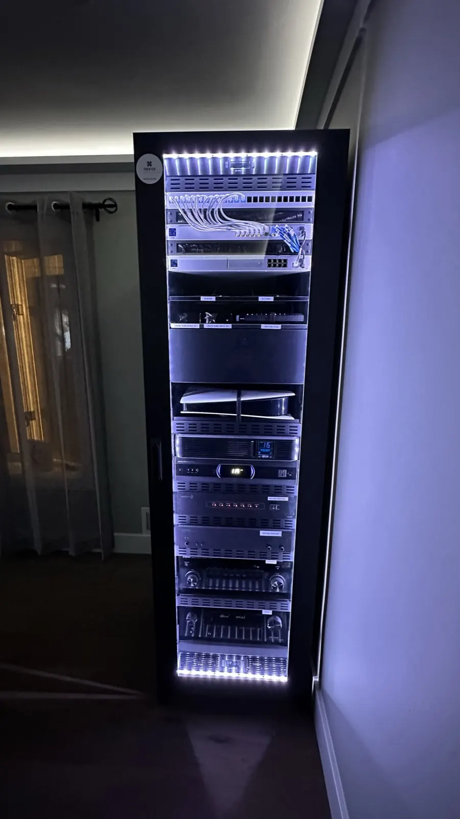 LED-lit network rack installed by TrekTek