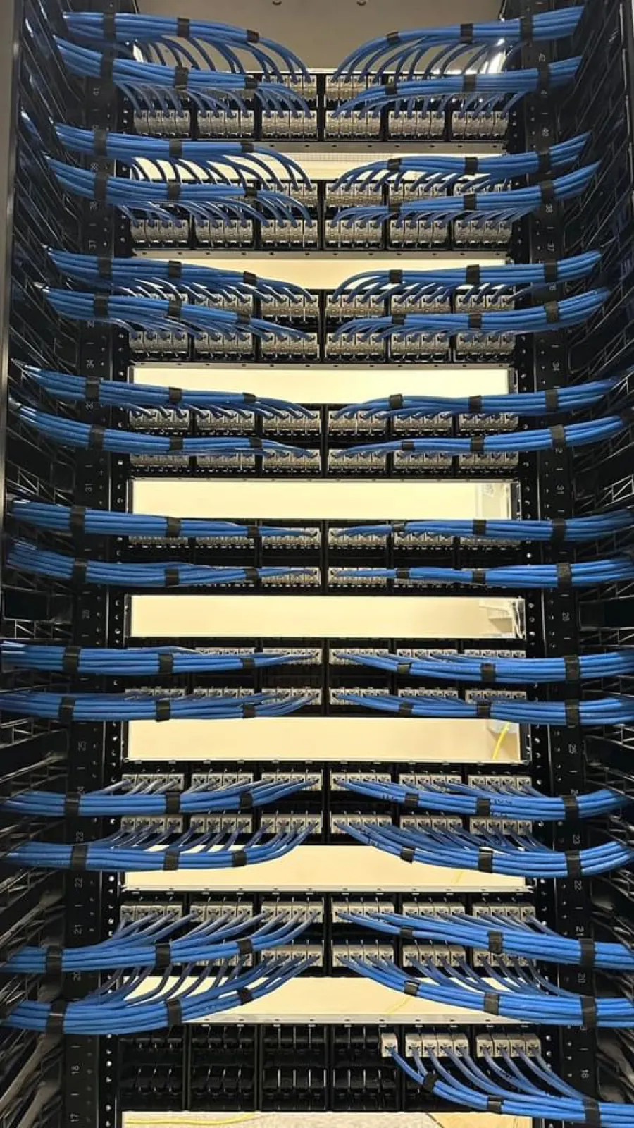 Neatly dressed network rack with patch panels